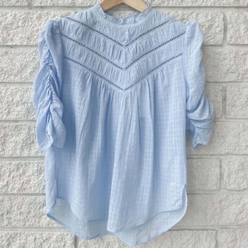 Veronica Beard Frasier Ruffled-Neck Top, Light Blue, Size 2